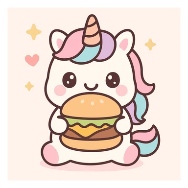 unicorn eating a hamburger, cute, kawaii sticker