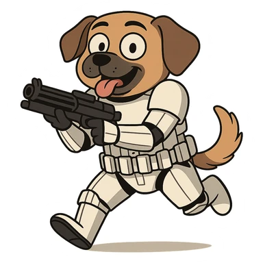 dog cosplaying as a Star Wars stormtrooper, detailed armor, fun pose, cartoon style sticker