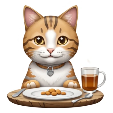 grau weiße Katze auf Tisch mit einem Teller Frikadellen vor sich sticker