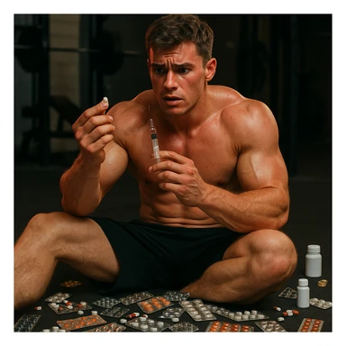 realistic muscular young man with many blister packs and bottles scattered on floor, holding syringe and pill, anxious expression, red skin, risky atmosphere, gym background, 4K quality sticker