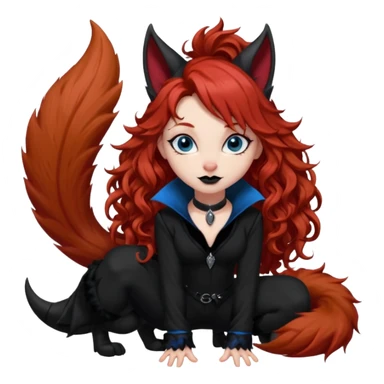  long curly red hair (darker), red pointed ears with black trim, black goth outfits, body and face human, blue eyes, more pointy chin, black lipstick, big fluffy red squirrel tail with black tips, like the attached photo with more outfits and poses,  sticker