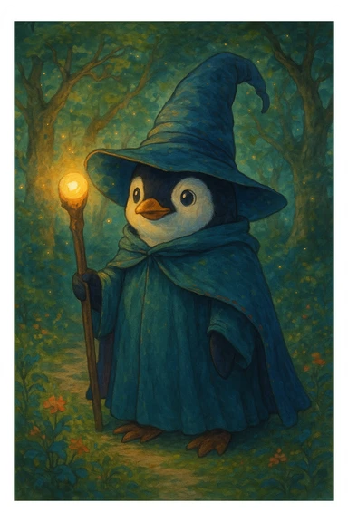 penguin wizard, fantasy, magical, staff, hat sticker