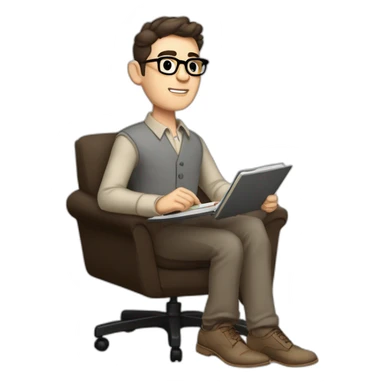 Pale skinned Fit Man With dark brown hair in gray jacket, beige office shirt, Brown pants and vintage glasses sitting In a soft chair with a notebook on spring with emblem Ψ and a pen sticker
