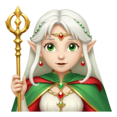 an elf with very white hair and two long PONYTAILS on the side of her head, she has a curtain bang, green eyes, she has a white cape with golden borders and a scepter with a red orb, she has earrings that look like red drops sticker