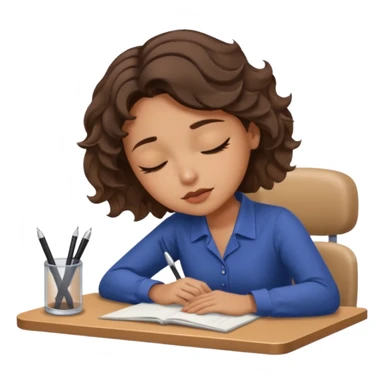 Pretty brown model, brown eyes, soft short wavy hair, falling asleep at desk sticker