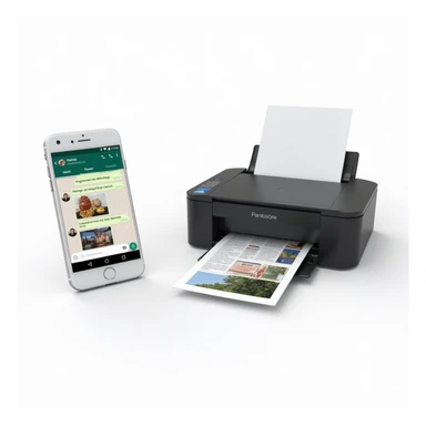 realistic thumbnail for a WhatsApp print out service, with a smartphone on the left showing WhatsApp chat containing images and documents, and a printer on the right printing out both photos and documents, clean white background sticker