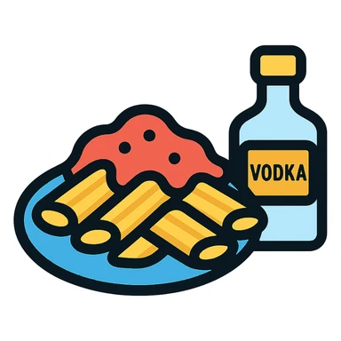 minimalist icon of vodka pasta, penne and sauce, with a small vodka bottle beside sticker