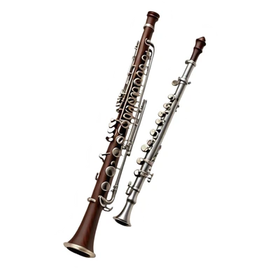 Cinematic Realistic Oboe, slender and elegant dark wood body, silver-plated keys catching soft highlights, delicate reed resting at the top, glowing with refined and classical beauty. sticker