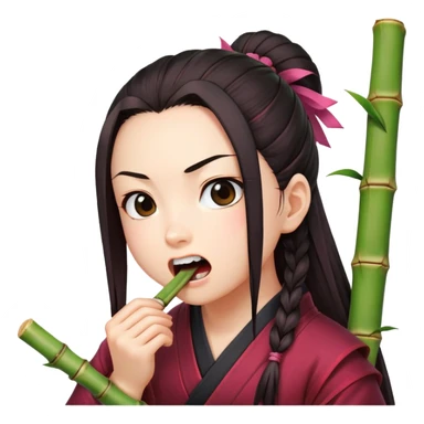 Nezuko with determined expression actively biting on bamboo piece in her mouth, teeth gripping the bamboo sticker