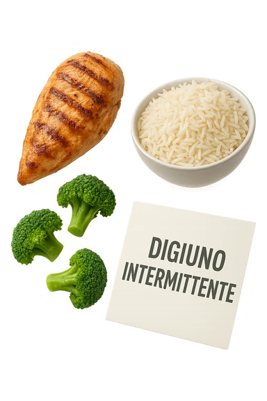 petto di pollo grigliato, bowl di riso basmati e broccoletti fluttuano in aria insieme ad un foglio con la scritta "DIGIUNO INTERMITTENTE", iperrealistico 4k sticker
