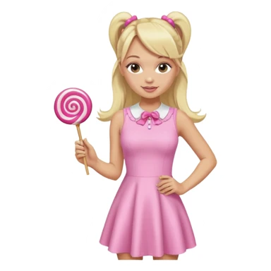 Emma Bunton with long blonde ponytails wearing light pink body dress holding a lollipop sticker