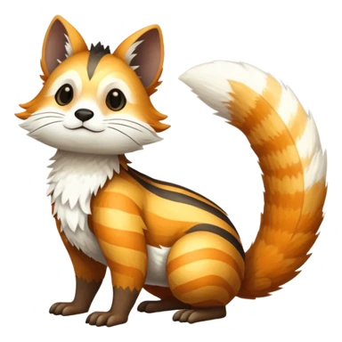 lush warm-colored Fakémon-Trico-creature (full body) with white cheek markings, white-striped tail sticker