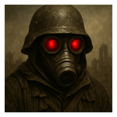 Add a helmet and zoom in on the face of the post apocalyptic soldier wearing a gas mask with red eyes, keep the gritty style, detailed and intense atmosphere. sticker
