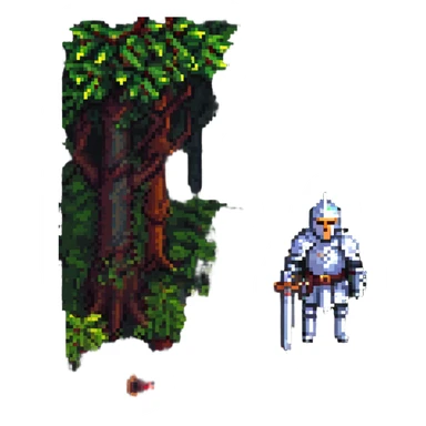 A pixel art style game scene featuring a knight in a forest. sticker