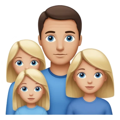 Family portrait with father with dark brown hair and blue eyes, mother with light brown hair and blue eyes, three blonde little girls with blue eyes sticker