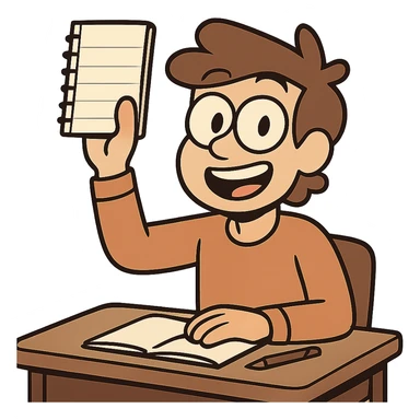 cartoon character at a desk, smiling and holding up a notebook, symbolizing class participation, friendly and inviting style sticker