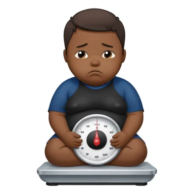 sad fat young boy in black t shirt on weight scale crying because sadness sticker