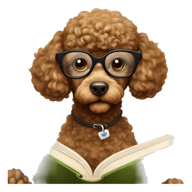 Brown poodle with wire rim glasses reading a book sticker
