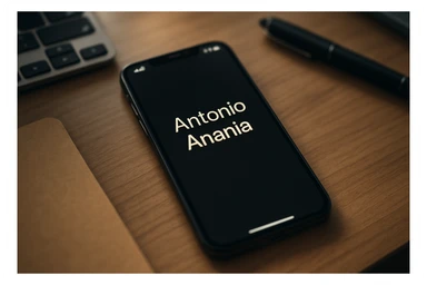 A photo of an iPhone with the message "Antonio Anania" on its screen, The phone sits atop a desk with a blurred background that suggests work environment. A faint glow from above casts gentle shadows across the surface of each object, creating depth and highlighting their textures. sticker
