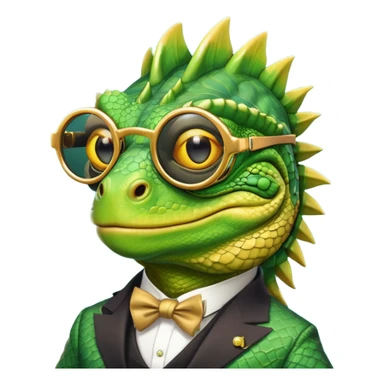 rich capitalist iguana head with golden glossy sunglasses sticker