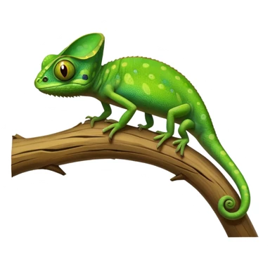 A small green chameleon, with large, expressive eyes, perched on a branch. sticker