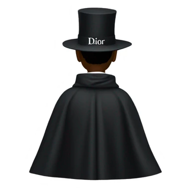 back profile of black magician, cape that says Dior, text Dior sticker