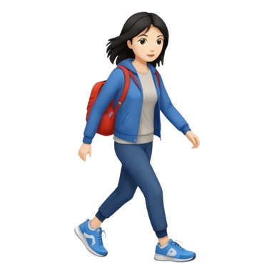 iOS emoji style - a dark haired woman in casual clothes and wearing trainers. Walking quickly. She does not have a bag or backpack.

 sticker