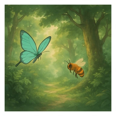 ghibli style butterfly and bee in a lush forest, soft colors, magical atmosphere sticker