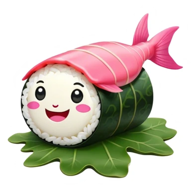 Cute Kawaii Maki Sushi Roll, small and round, wrapped in soft dark green seaweed, tiny grains of rice peeking out, a bright pink fish filling, a cheerful smiling face! sticker