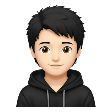 Chłopak ciemno brązowe oczy czarne włosy bluza czarna i taki bardziej żeby wyglądał na 18 latka i trochę usmiechniety i fluffy hair sticker