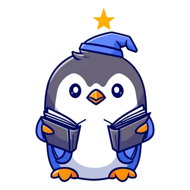 penguin wizard with blue robe and magic book sticker