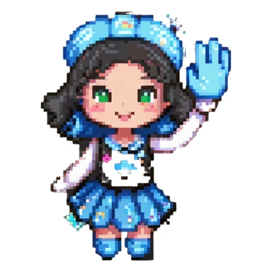 pixel art of a battery girl mascot with a skirt, waving, sparkles around her sticker
