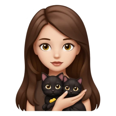 pretty girl with brown long hair and makeup, black kitten in her arms, emoji style sticker
