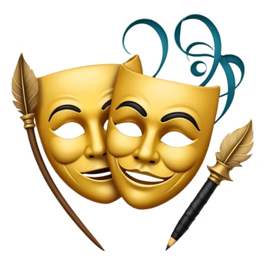 Create a bold and dramatic emoji representing the art of playwriting. The design should feature an open script or a theater playbook, with stylized text lines or dramatic dialogue inside. Include elements like a theatrical comedy and tragedy masks, a stage spotlight, or a writting quill to symbolize creativity and performance. Use deep, contrasting colors like red, black, and gold to evoke the intensity and passion of drama. The overall design should feel dramatic, inspiring, and artistic. Make the background transparent. sticker