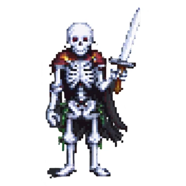 pixel art skeleton with a sword raised, action pose sticker