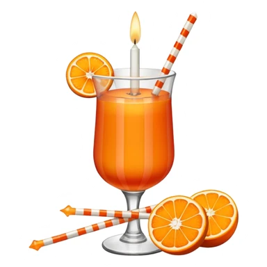 An orange with a horizontal red stripe around the middle. 4 vertical cocktail sticks in the orange with small pieces of candy on the sticks. On top of the orange a small white lit candle. sticker
