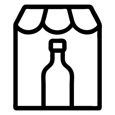 bottle shop logo, stylized bottle silhouette with shop awning, minimal, vector style sticker