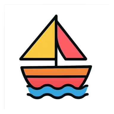 geometric ship icon, basic shapes, clear lines, stylized sails, modern icon style sticker