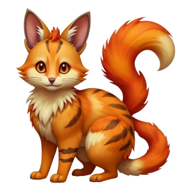 Hyper realistic volcanic fiery flammable beautiful elegant pretty precious cute  Fakémon-Pokémon-opossum-feline-serval-caracal-chinchilla-Furret-Minccino-hybrid-creature with a big fluffy bushy tail (full body) sticker