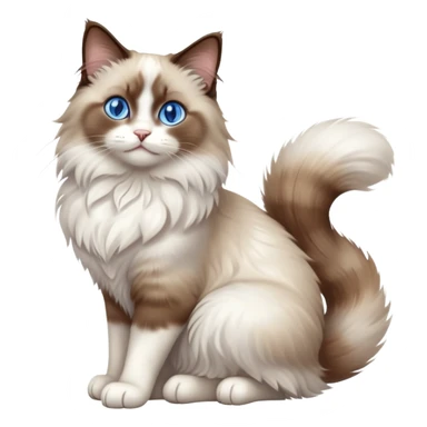 cinematic-[brown and white ragdoll cat]-realistic-full-body-sitting-emoji,-tail-curled-playfully-around-its-paws,-head-tilted-dramatically,-fluffy-[brown and white]-fur,-simplified-yet-realistic-focused-features,-highly-detailed,-glowing-with-an-almost-sarcastic-glow, with blue eyes sticker