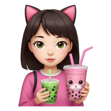 Pale asian girl with cat eyes big pupils with dark brown hair side bangs t the left and layered hair towards the inside with pink bow on hair and pink outfit holding a watermelon bubble tea sticker