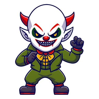 evil clown warrior, bald, very short devil-like horns on forehead, fangs, pointed ears, black and military green leisure suit, battle-ready fighting posture sticker