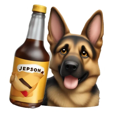 German shepherd holding a bottle of jeppson malort sticker