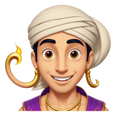 Cinematic Realistic Aladdin Portrait, head tilted dramatically with an exaggeratedly amused expression, featuring vibrant eyes and a slight, roguish grin. His detailed attire and subtle magical accents are brought to life with dynamic lighting and vivid textures, capturing a rare, playful burst of humor from a daring street-wise adventurer. sticker