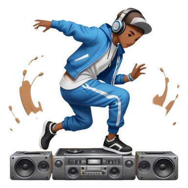 Icon for Street Dance: a dancer in urban streetwear performing a dynamic lower breakdance move, with a spray-painted background, headphones, and a boombox on the asphalt. The icon should capture the energy, style, and creativity of street dance culture. Transparent background. sticker