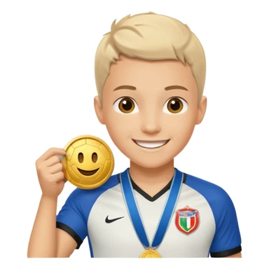 Happy light soccer player with a first-place medal
 sticker