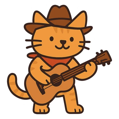 flat toon orange cowboy cat strumming an acoustic guitar  sticker