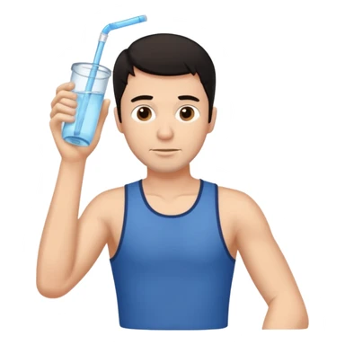 Dark haired man, full right arm in traction and can’t reach his water straw  sticker