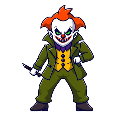 evil clown warrior, bald, small black horns on forehead, fangs, pointed ears, eye patch over one eye, long coat over black and military green leisure suit with bellbottom pants, realistically proportioned, less bulky, full body visible, battle-ready fighting posture sticker