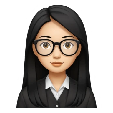 30 yr old asian woman, straight thick long black hair, big black glasses, side part sticker